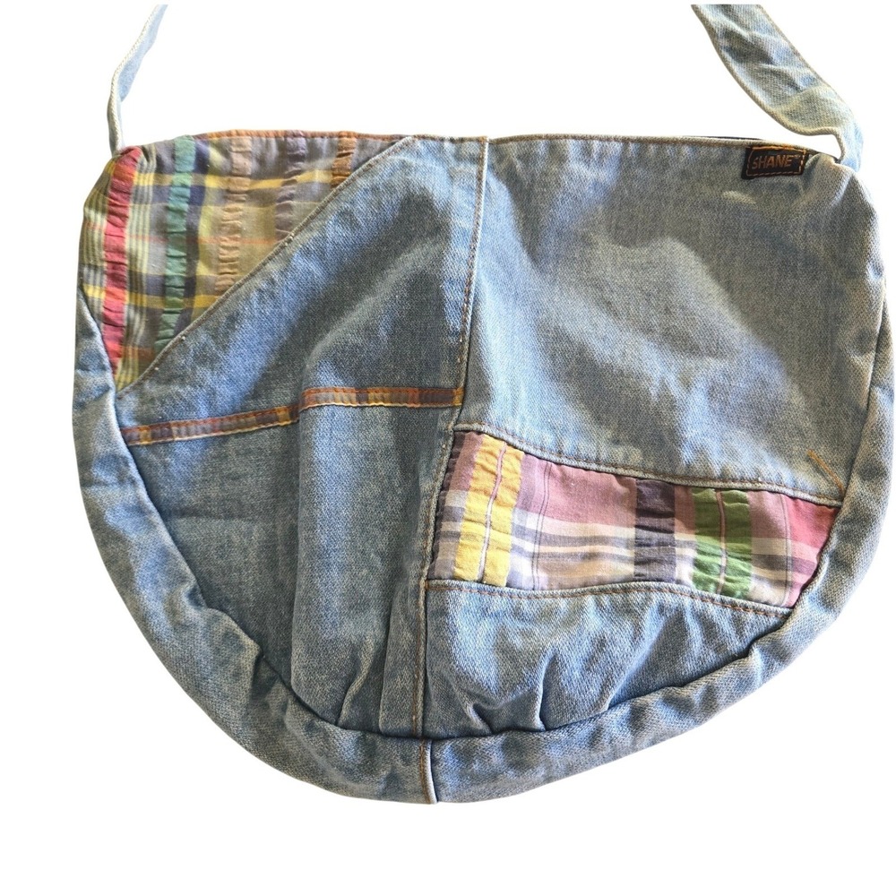 Vintage Shane Denim Shoulder Bag Plaid Patchwork Hobo Messenger Y2K Boho Purse